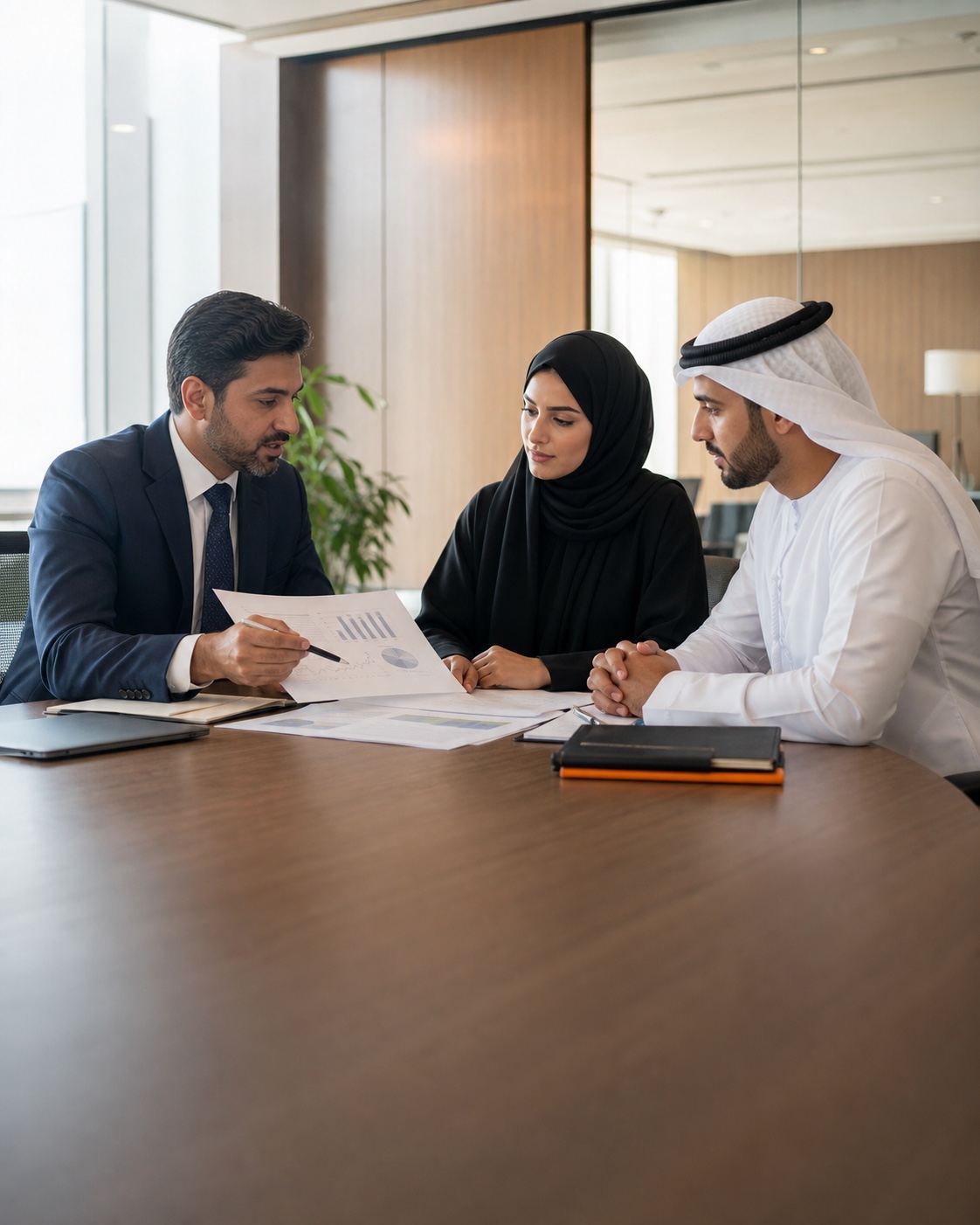 UAE business owners reviewing financial reports with a tax adviser